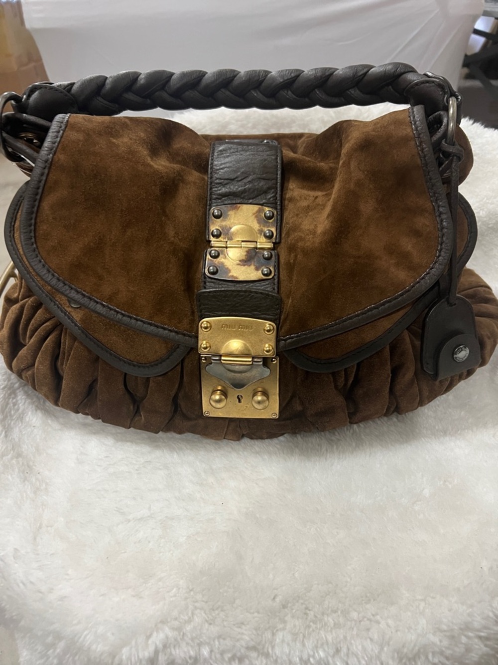 Miu Miu Brown Suede Shoulder Bag with Gold Hardware